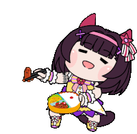 a cartoon drawing of a girl holding a bowl of food and chopsticks