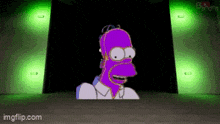 a cartoon of homer simpson with a purple face and green lights behind him .