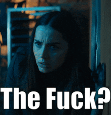 a picture of a woman with the words " the fuck " written on it