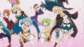 a group of anime characters are dancing together in a pink background .