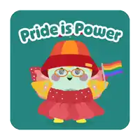 a cartoon character holding a rainbow flag with the words pride is power below it
