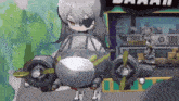 a cartoon character is holding a small airplane in front of a sign that says ' aaah '