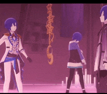 a group of anime characters are standing in a dark room
