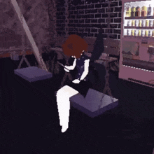 a pixel art of a girl sitting in front of a vending machine looking at her phone