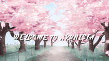 a painting of cherry blossom trees with the words " welcome to runisa "
