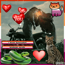 a picture of a man kissing another man on a motorcycle with the words i love bosselot lesbian pride