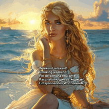 a painting of a woman sitting on the beach with the words weekend relaxant relaxing weekend fin de semana relajante