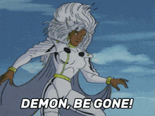 a cartoon character says demon be gone on the screen
