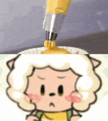 a cartoon drawing of a sheep with a yellow bag of frosting coming out of it