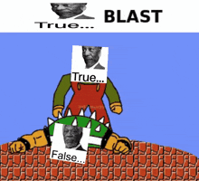 a cartoon of a man laying on top of another man with the words true and false on it