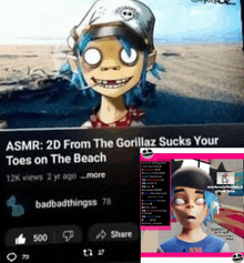 a picture of a gorillaz character with a caption that says asmr 2d from the gorillaz sucks your toes