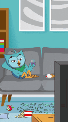 a cartoon of an owl laying on a couch holding a glass of wine