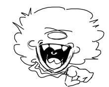 a black and white drawing of a clown 's face with a big mouth .