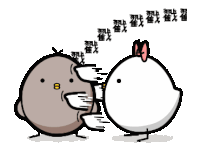 a cartoon of a bird and a chicken with chinese writing on the background