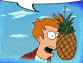 a cartoon of fry with a pineapple hanging from his head