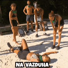 a group of people standing around a woman laying on the sand with the words na vazduha written on the bottom