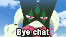 a cartoon character says bye chat in front of a blue sky with clouds