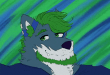 a drawing of a furry character with green hair