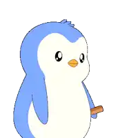 a blue and white penguin with the words i want kiss below it