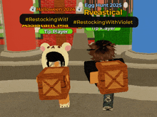 two cartoon characters are carrying wooden crates in a video game called egg hunt 2025