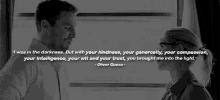 a man and a woman are looking at each other with a quote from oliver queen