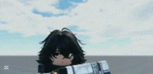 a cartoon character is standing in front of a cloudy sky holding a sword .