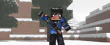 a minecraft character is standing in the snow with his arms in the air