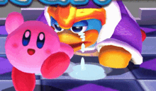 a pink kirby standing next to a purple penguin