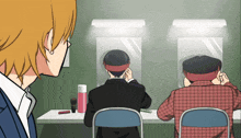 a man in a suit is looking at another man in a plaid jacket