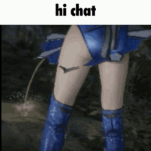 a woman with a tattoo on her leg is standing in a puddle of water with a caption that says hi chat