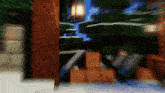 a blurred image of a minecraft scene with a tree in the foreground