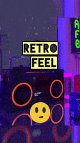 a poster that says retro feel with a boombox in the foreground