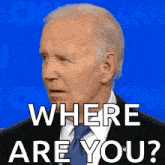 a man in a suit and tie says where are you on a blue background
