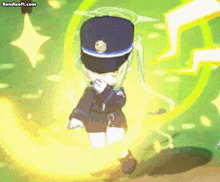 a cartoon girl in a police uniform is surrounded by a yellow glowing circle .