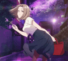 a girl in a white shirt and blue skirt is holding a flower in her hand