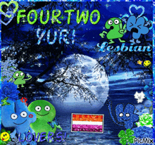 a picture of four two yuri with a lesbian flag