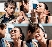 a man and a woman are talking and the woman is blowing a kiss at the man
