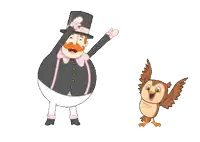 a cartoon of a man and an owl dancing