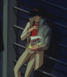 a man in a trench coat is holding a box of ramen