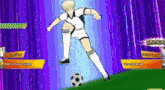 a cartoon of a soccer player kicking a soccer ball on a hill .