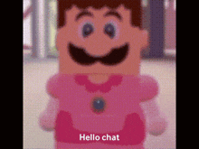 a cartoon character with the words hello chat on the bottom right