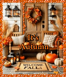 a porch decorated for autumn with pumpkins , lanterns and a welcome mat