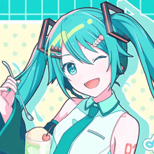 a drawing of hatsune miku holding a spoon and a glass of ice cream