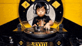 a little boy wearing headphones is playing a record on a turntable that says babysolo