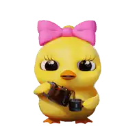 a yellow chicken with a pink bow on its head is pouring something into a cup