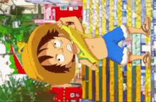 a cartoon character with a hat and shorts is standing in front of a building