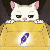 a white cat is peeking out of a cardboard box with a purple feather inside of it .
