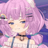 a close up of a girl with purple hair and a bell around her neck