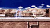 a video game scene with two boys on a roof