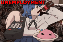 a cartoon of a girl holding a remote control and drinking a coca cola